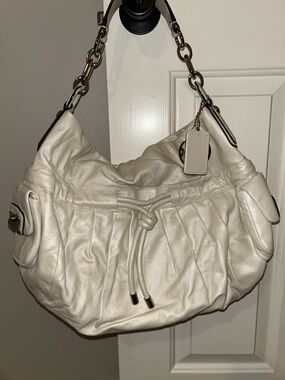 Coach Cream Leather Drawstring Hobo with Chain-Link Strap
